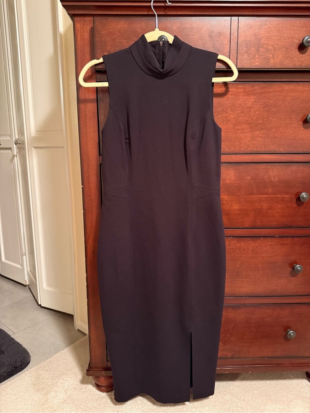 White House Black Market Sleeveless Black Midi Dress with High Collar